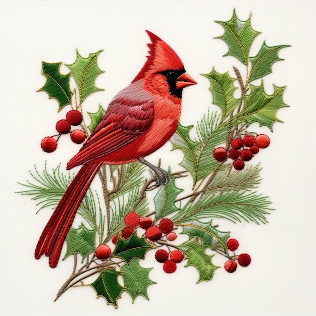 araffe bird sitting on a branch of holly with berries generative ai