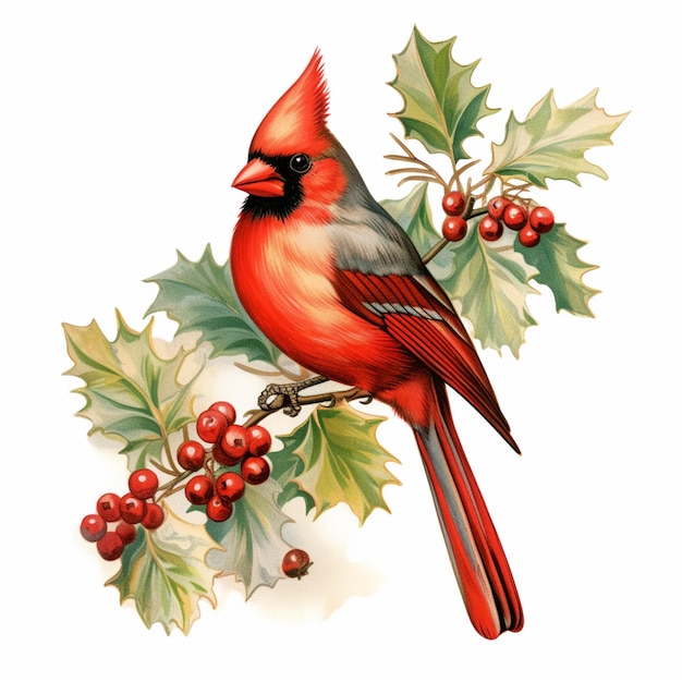 araffe bird sitting on a branch with holly leaves and berries generative ai