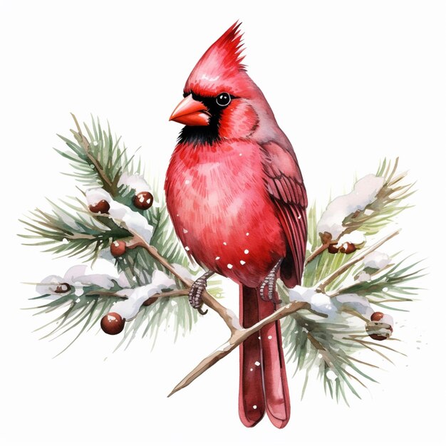 araffe bird sitting on a branch with snow and pine cones generative ai