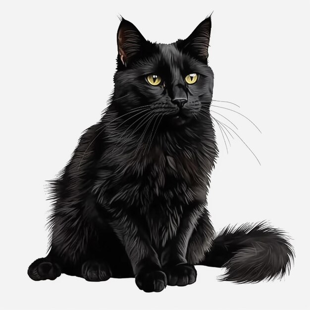 Araffe black cat sitting on a white background with yellow eyes generative ai