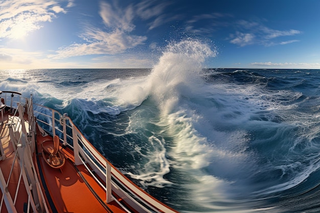 Foto araffe boot in de oceaan met een golf crashen op het dek generatieve ai