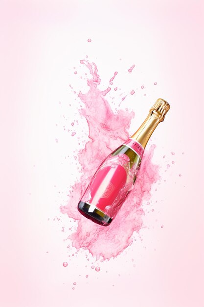 araffe bottle of champagne with pink liquid splashing on a white background generative ai