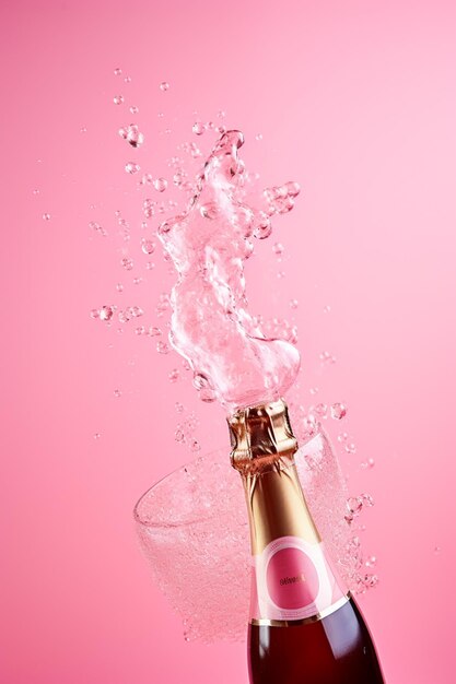 araffe bottle of champagne with a splash of water on a pink background generative ai