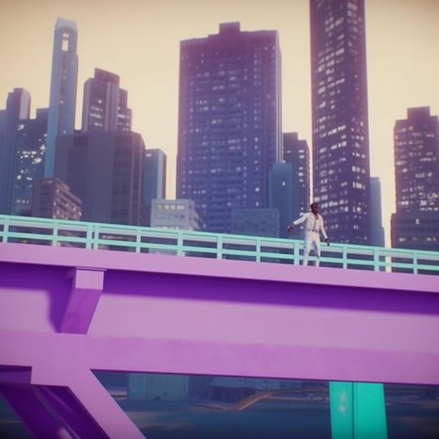 Araffe on a bridge in a city with tall buildings generative ai