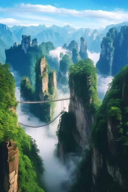 araffe bridge over a mountain with a lot of clouds generative ai