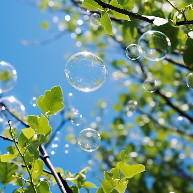 Araffe bubbles floating in the air in front of a tree generative ai