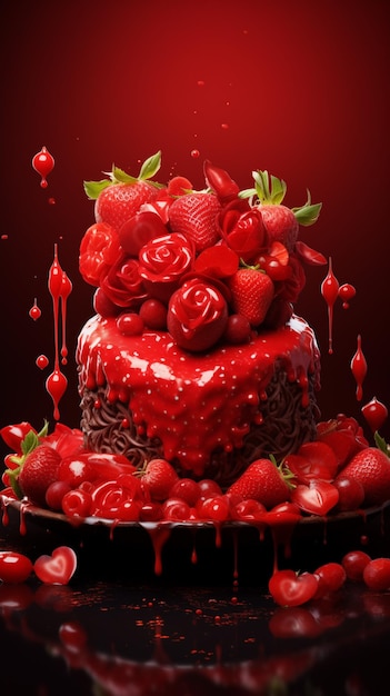 Araffe cake with chocolate and strawberries on a plate with red liquid generative ai