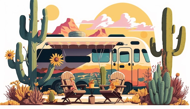 Foto araffe camper van met twee mensen die aan een tafel zitten voor een cactus generatieve ai