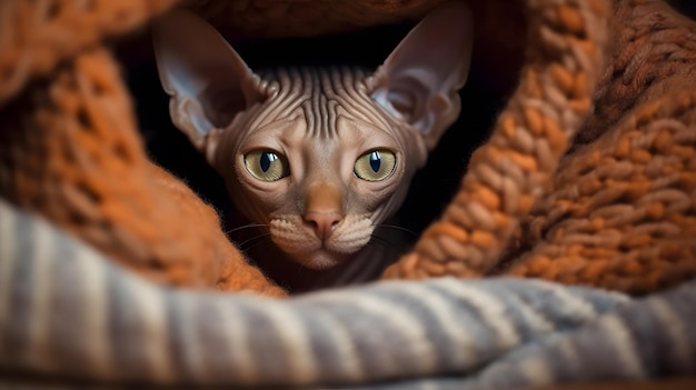 Araffe cat peeking out from under a blanket in a room generative ai