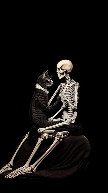 Photo araffe and cat sitting on a blanket with a skeleton generative ai