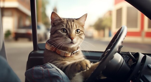 Photo araffe cat sitting in the drivers seat of a car generative ai