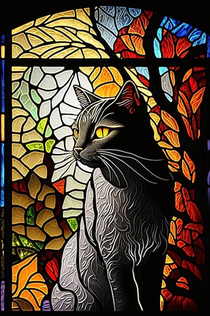 Araffe cat sitting in front of a stained glass window generative ai