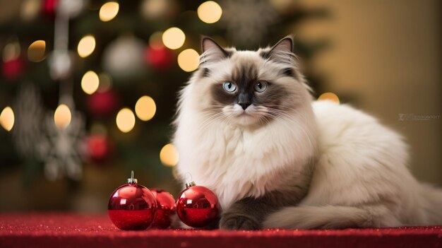 Araffe cat sitting on a red carpet next to two red ornaments generative ai