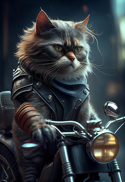 Araffe cat wearing a leather jacket riding a motorcycle generative ai