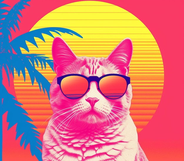 araffe cat wearing sunglasses and sitting in front of a palm tree generative ai