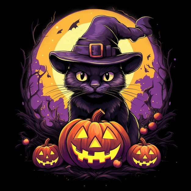 Photo araffe cat in a witch hat sitting on a pumpkin generative ai