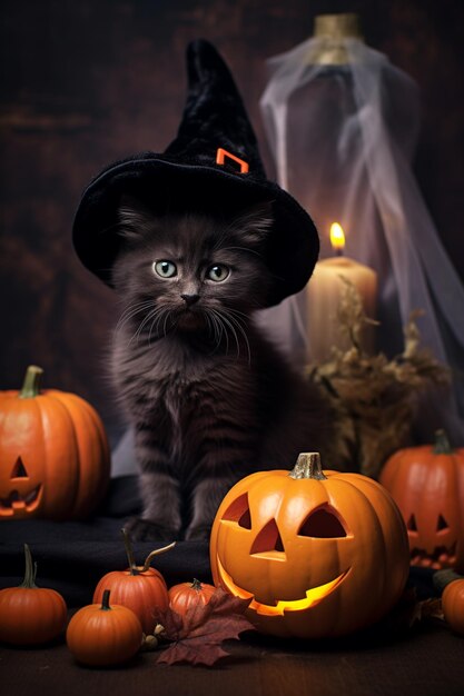 araffe cat in a witch hat sitting among pumpkins generative ai