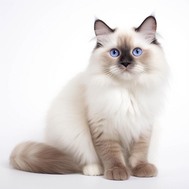 Araffe cat with blue eyes sitting on a white surface generative ai