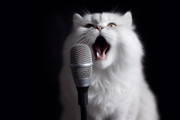 Araffe cat with mouth open and mouth wide open in front of a microphone generative ai