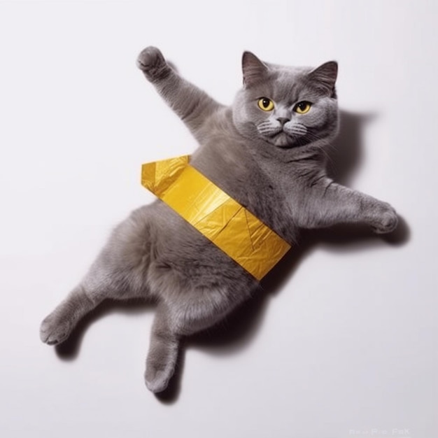 araffe cat with a yellow collar laying on its back generative ai