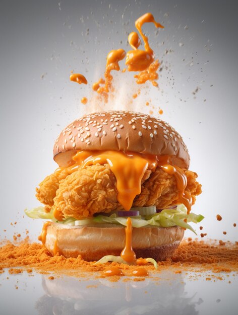 araffe chicken sandwich with cheese and sauce being poured on top generative ai