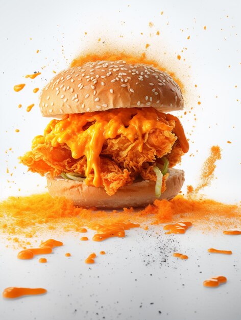 Araffe chicken sandwich with melted cheese and sauce on a bun generative ai