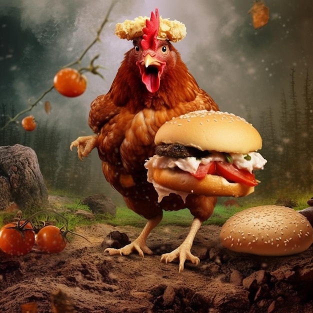 Курица-арафф с гамбургером и помидорами на поле, генеративный ИИ