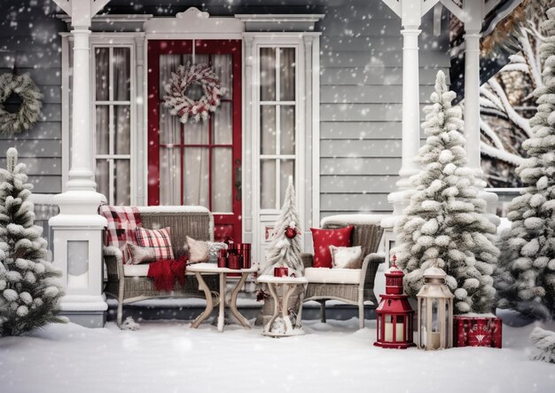 Araffe christmas porch with a red door and a red chair generative ai