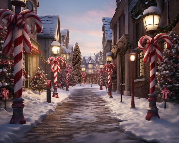 araffe christmas scene with candy canes and christmas trees on a snowy street generative ai