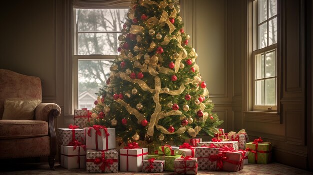 araffe christmas tree with presents in front of a window generative ai