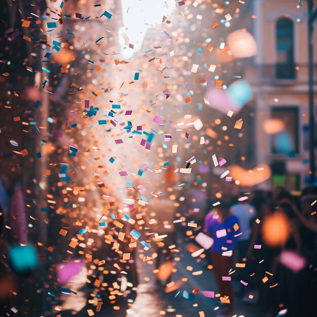 Photo araffe confetti falling down the street in a city generative ai