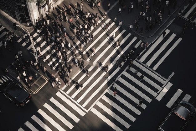 Foto araffe che attraversa una città con persone che la attraversano generativa ai