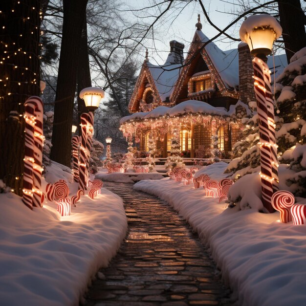 Photo araffe decorated christmas lights in front of a house in the snow generative ai