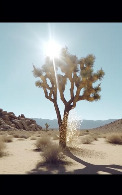 Photo araffe in the desert with a tree and sun in the background generative ai