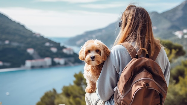 女性に抱かれるバックパックの中のアラフィー犬生成AI