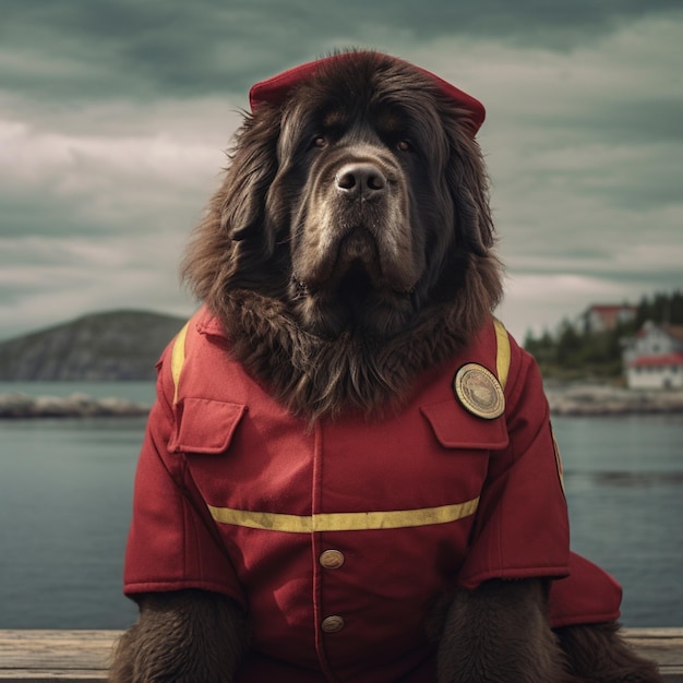 Araffe dog dressed in a red uniform sitting on a wooden bench generative ai