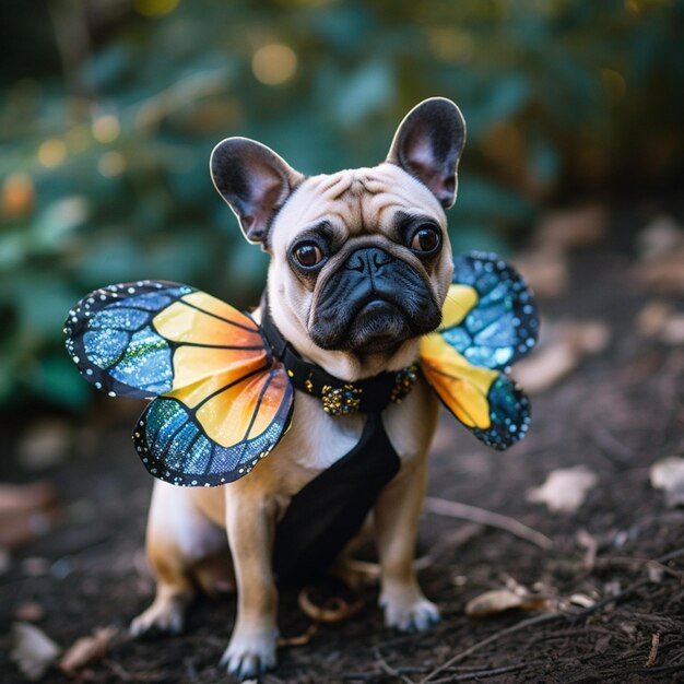 写真 黄色と青の翼を生み出した蝶の衣装を着たアラフ犬