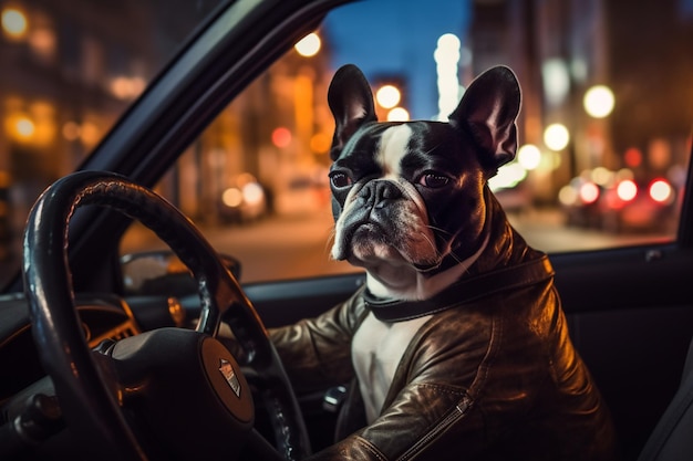 araffe dog in a leather jacket sitting in a car generative ai