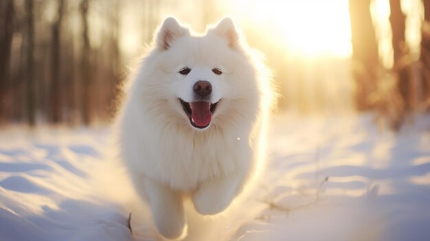 写真 アラフ犬 雪の中を走る 太陽の中を走り回る