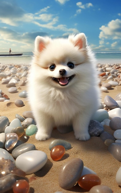 Araffe dog sitting on a beach with rocks and pebbles generative ai