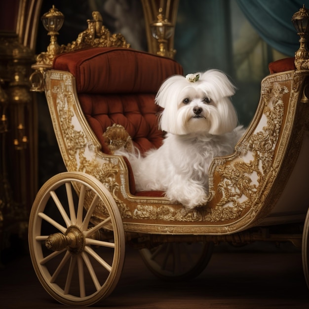 Araffe dog sitting in a carriage with a teddy bear generative ai