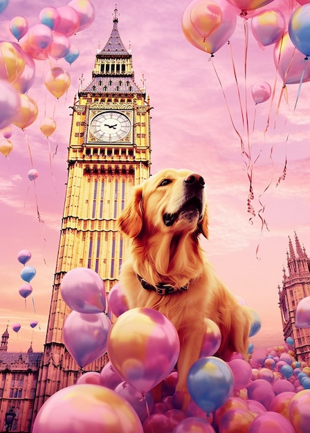 Araffe dog sitting in a field of balloons with big ben in the background generative ai