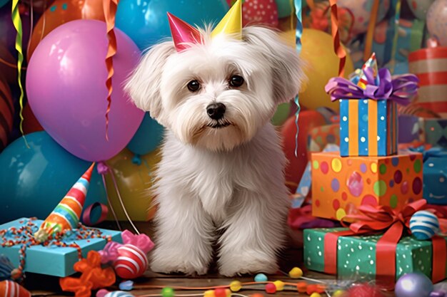 Photo araffe dog sitting in front of a bunch of balloons and presents generative ai