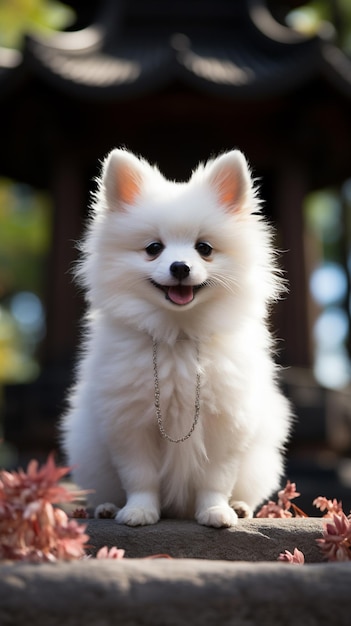 araffe dog sitting on a stone ledge with a chain around its neck generative ai