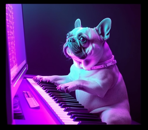 araffe dog sitting on a stool playing a piano generative ai