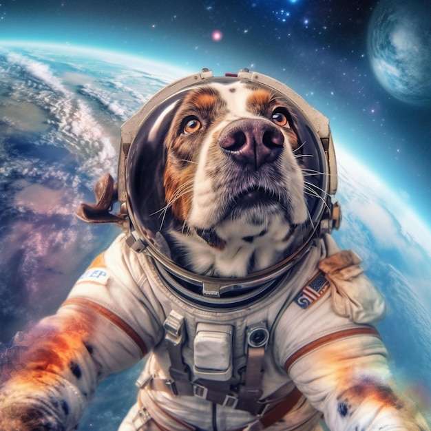 Araffe dog in a space suit looking up at the earth generative ai