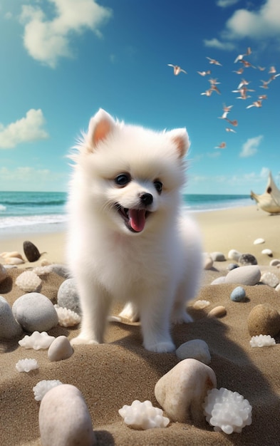 Araffe dog standing on a beach with rocks and seagulls flying in the background generative ai