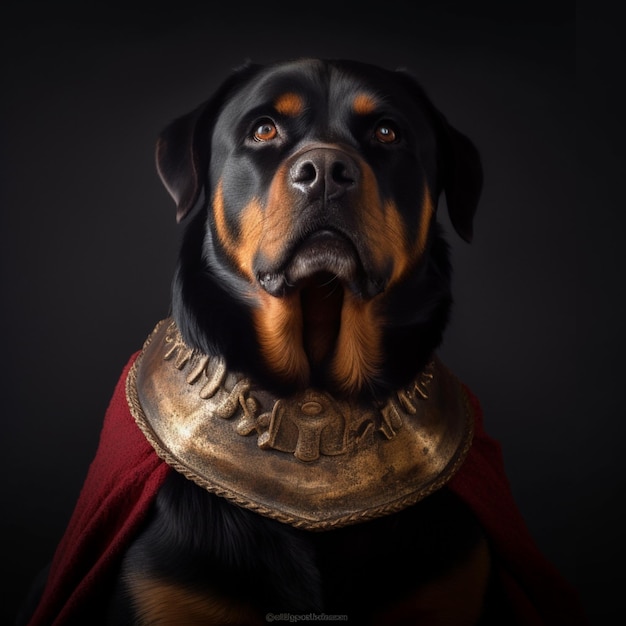 Araffe dog wearing a collar with a red cape on it generative ai