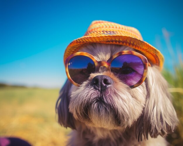 Photo araffe dog wearing a hat and sunglasses sitting in a field generative ai