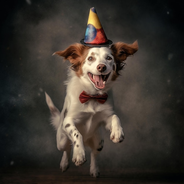 araffe dog wearing a party hat and jumping in the air generative ai
